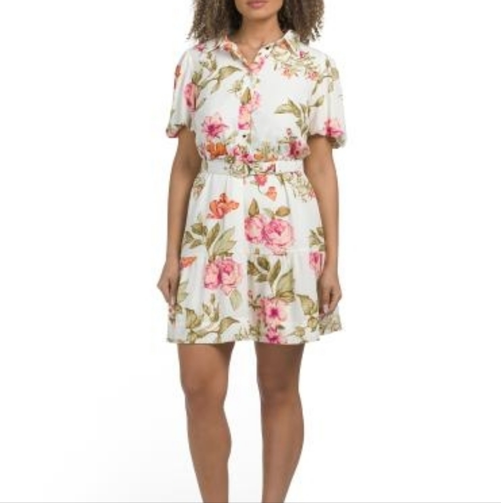 Floral Button Front Dress With Belt